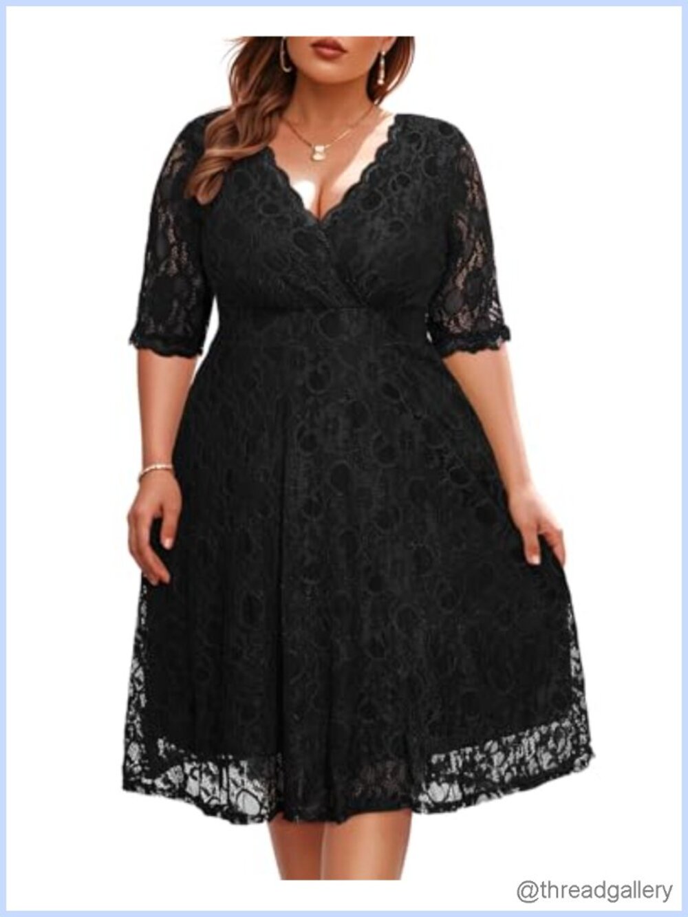 Plus Size Floral Lace Midi Dress V-Neck 3/4 Sleeve Fit & Flare Wedding Guest